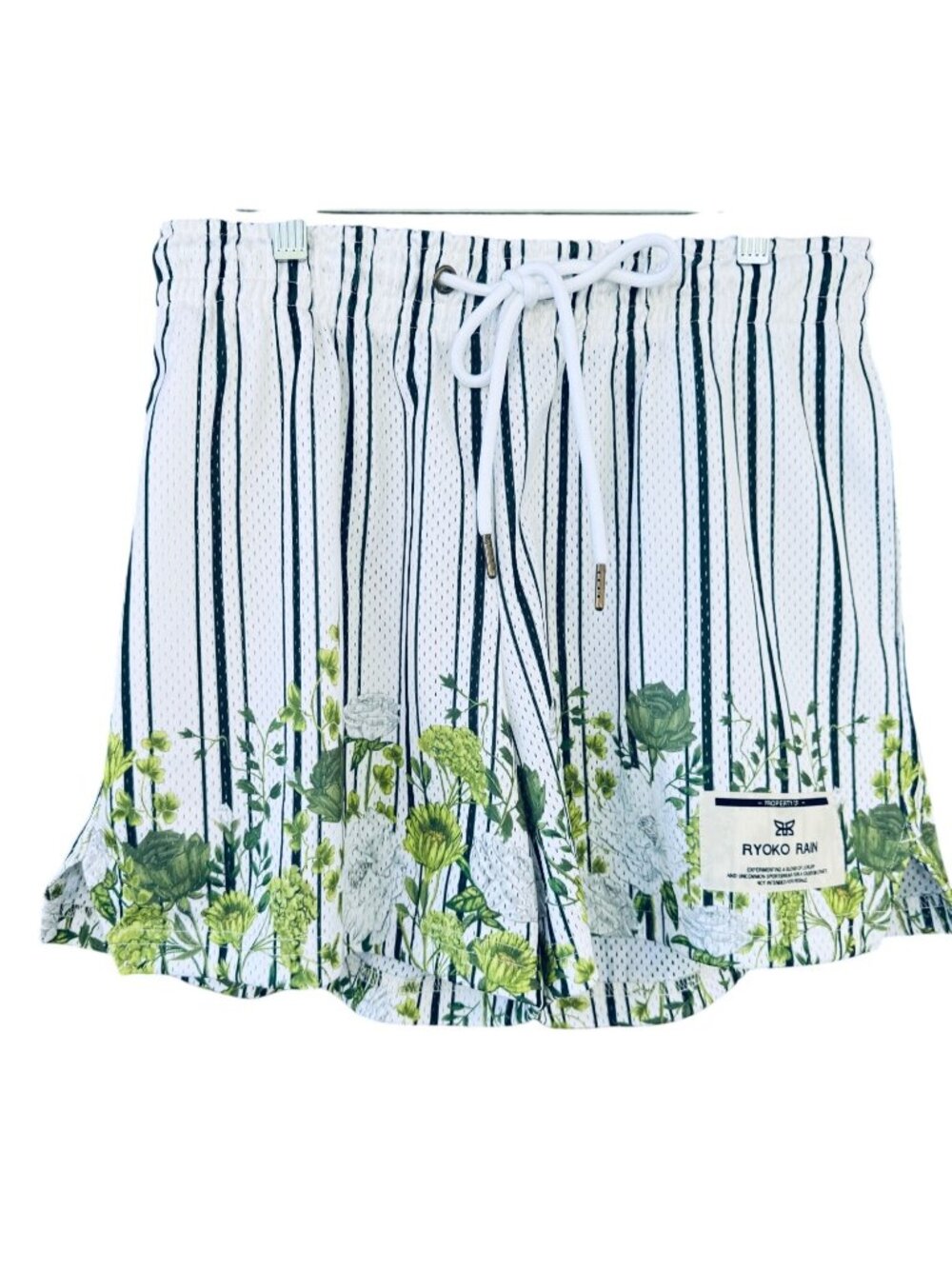 Ryoko Rain Mens Mesh Shorts Floral Stripe Drawstring White Green Size M